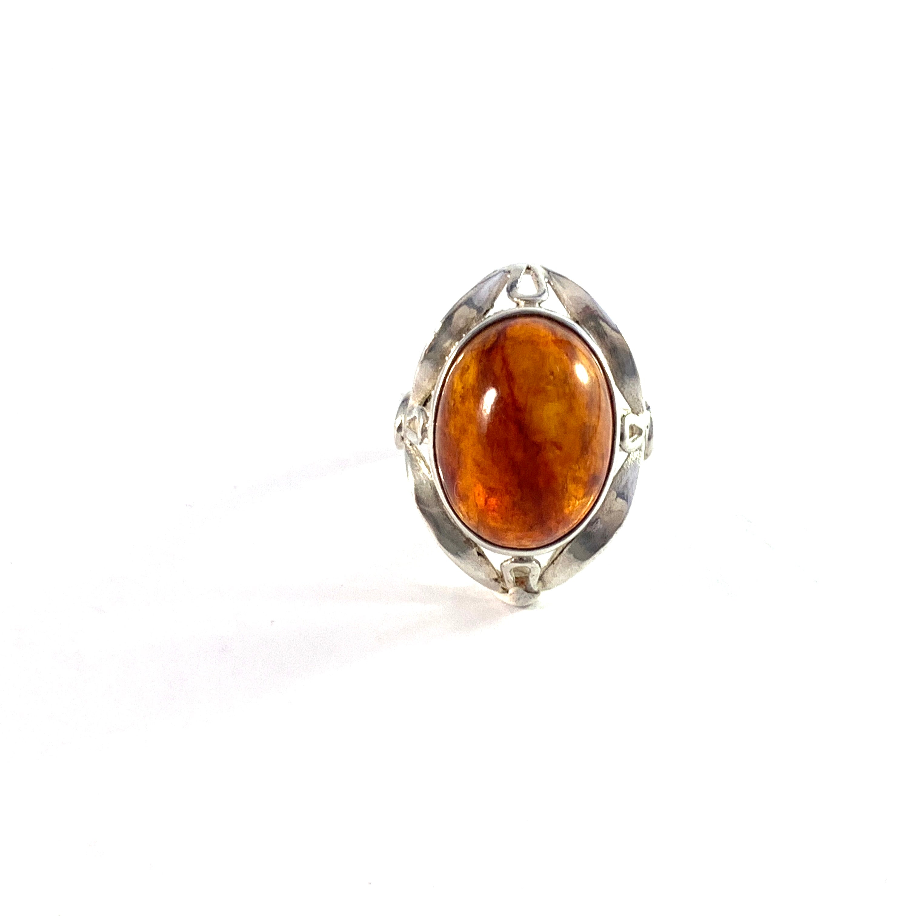 Warsaw Poland 1960s Bold Solid Silver Amber Ring. Maker's Mark