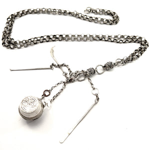 South East Asia Antique or Old Vintage Silver Chain with Opium Pipe Tools. Chatelaine