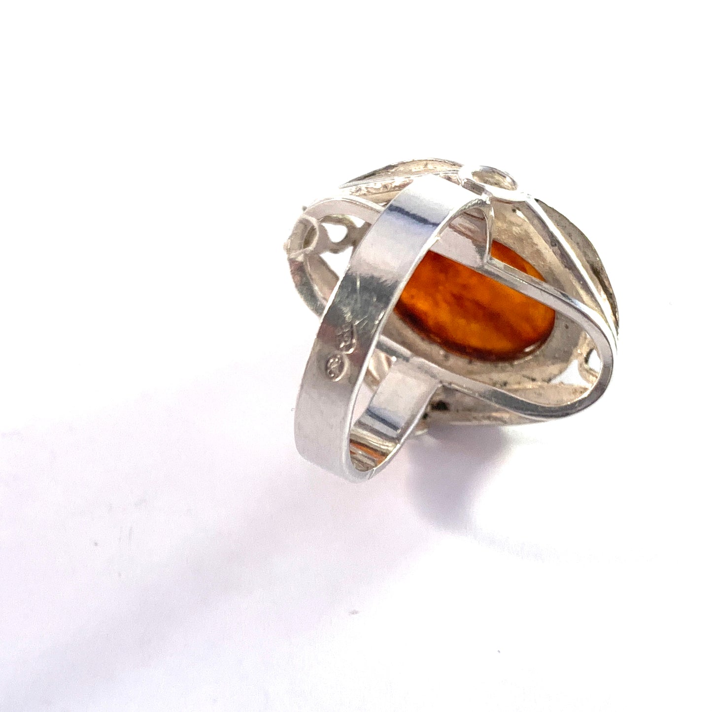 Warsaw Poland 1960s Bold Solid Silver Amber Ring. Maker's Mark