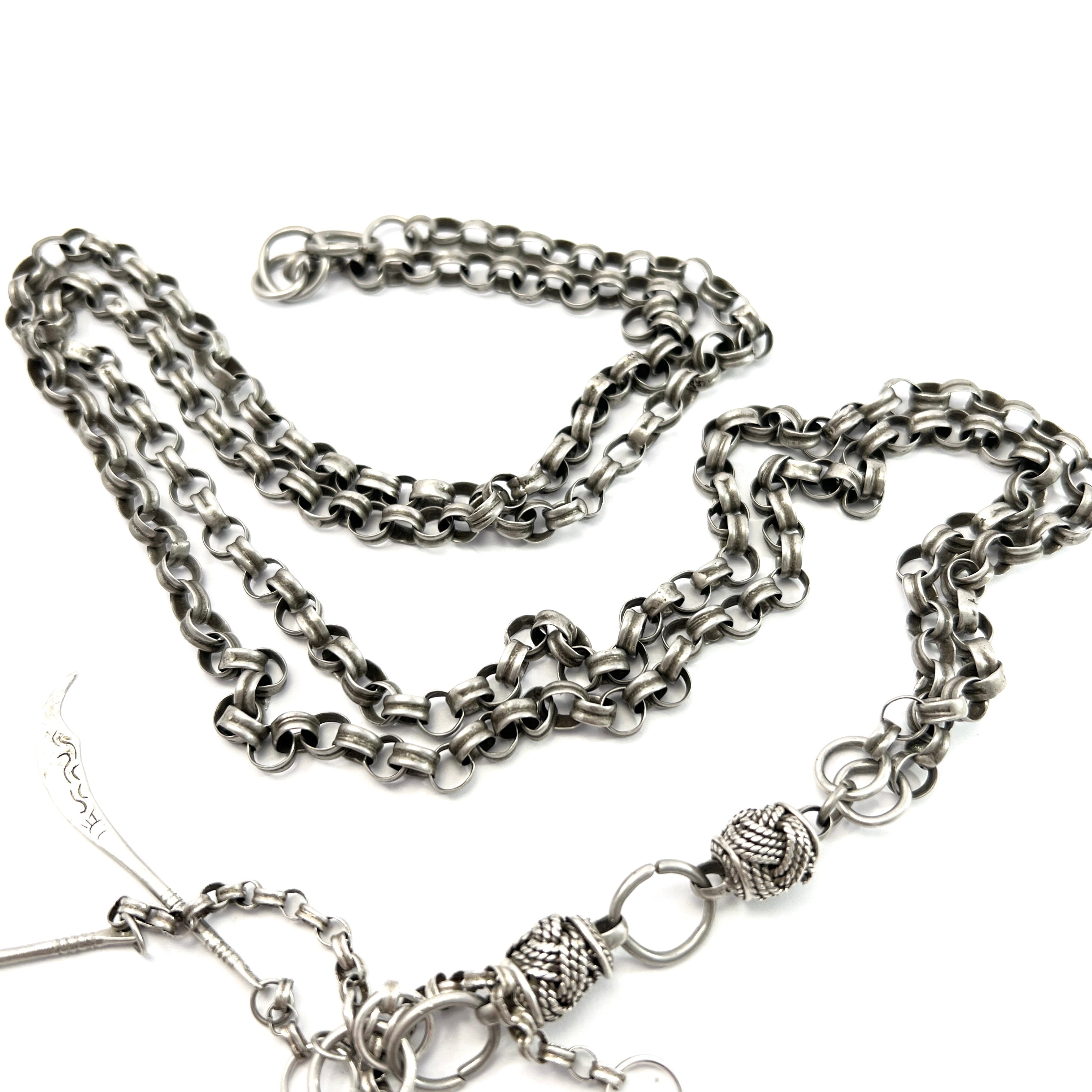 South East Asia Antique or Old Vintage Silver Chain with Opium Pipe Tools. Chatelaine