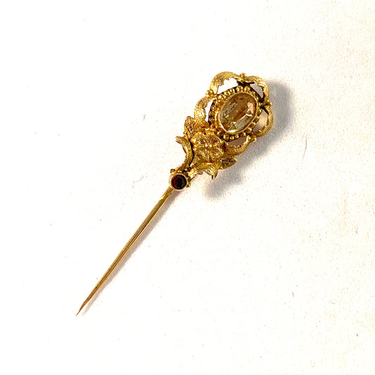 Victorian 14k Gold Citrine Garnet Unisex Pin.