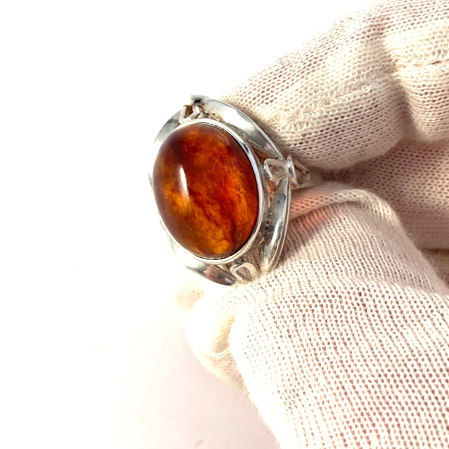 Warsaw Poland 1960s Bold Solid Silver Amber Ring. Maker's Mark