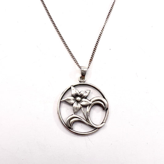 Stockholm year 1946. Vintage Solid Silver Flower Pendant Necklace.
