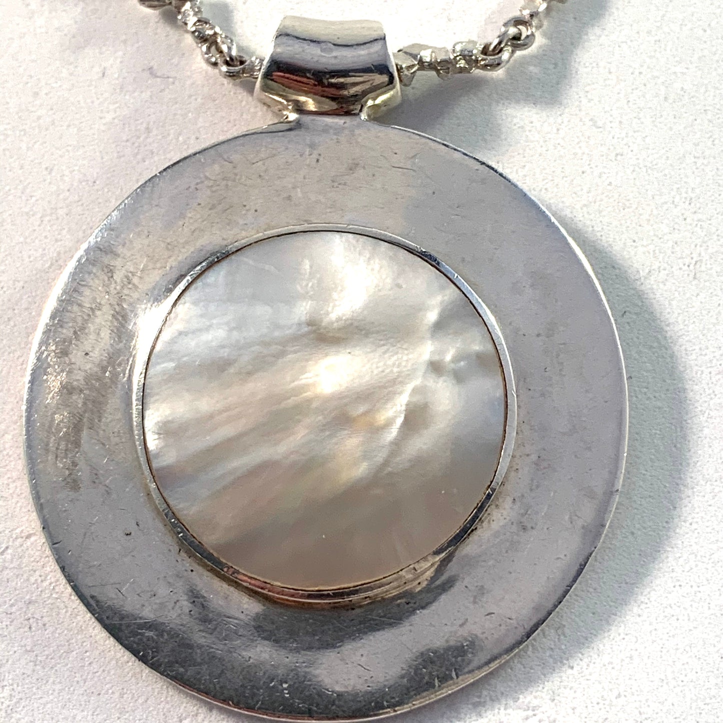 Finland Scandinavian Solid Silver M o P Pendant Necklace.