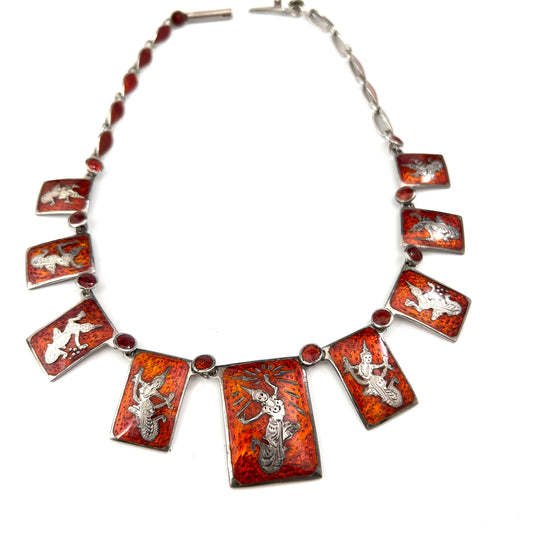 Siam (Thailand) Vintage Sterling Red Enamel Dancer Necklace.