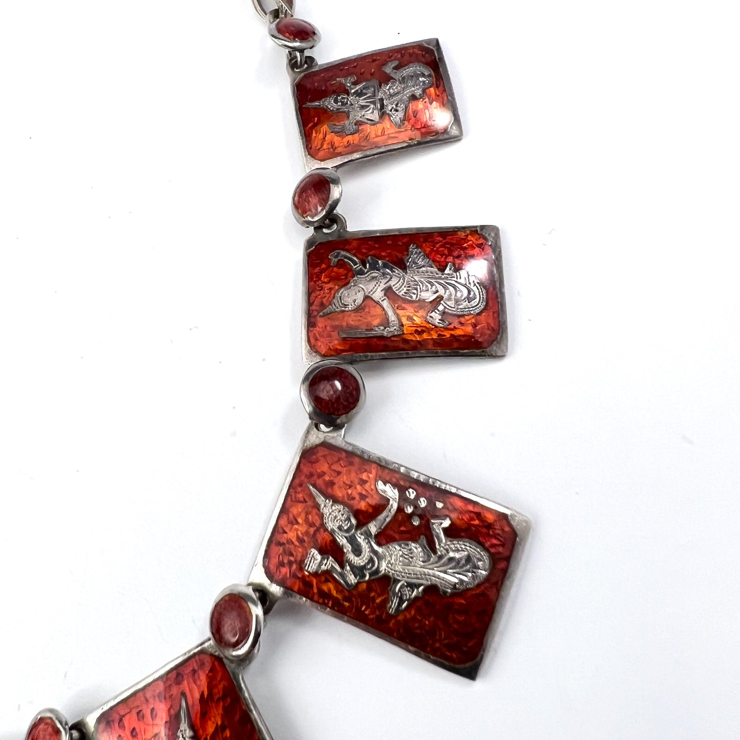 Siam (Thailand) Vintage Sterling Red Enamel Dancer Necklace.