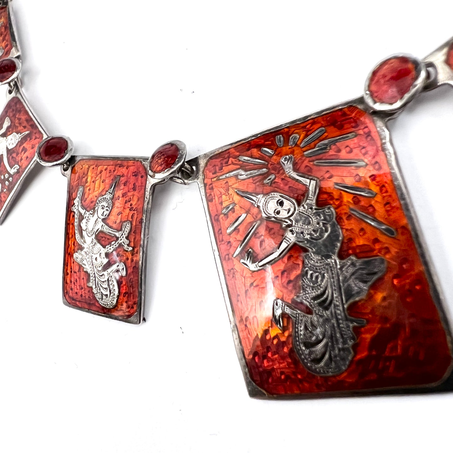 Siam (Thailand) Vintage Sterling Red Enamel Dancer Necklace.