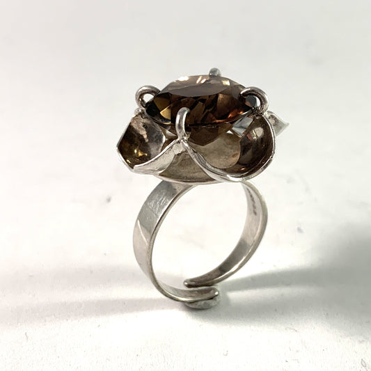  E. Christophersen Norway Vintage 830 Silver Smoky Quartz Bold Ring.