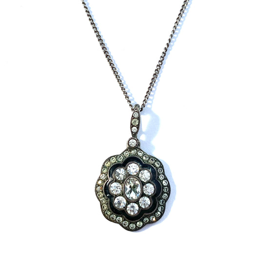 Bremer Silberwarenfabrik, Germany c 1910. Antique Solid Silver Black Enamel Paste Stone Pendant Necklace.