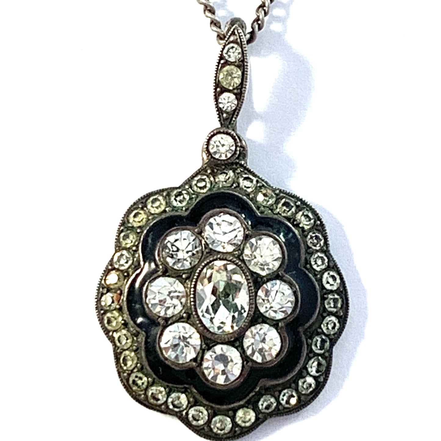 Bremer Silberwarenfabrik, Germany c 1910. Antique Solid Silver Black Enamel Paste Stone Pendant Necklace.