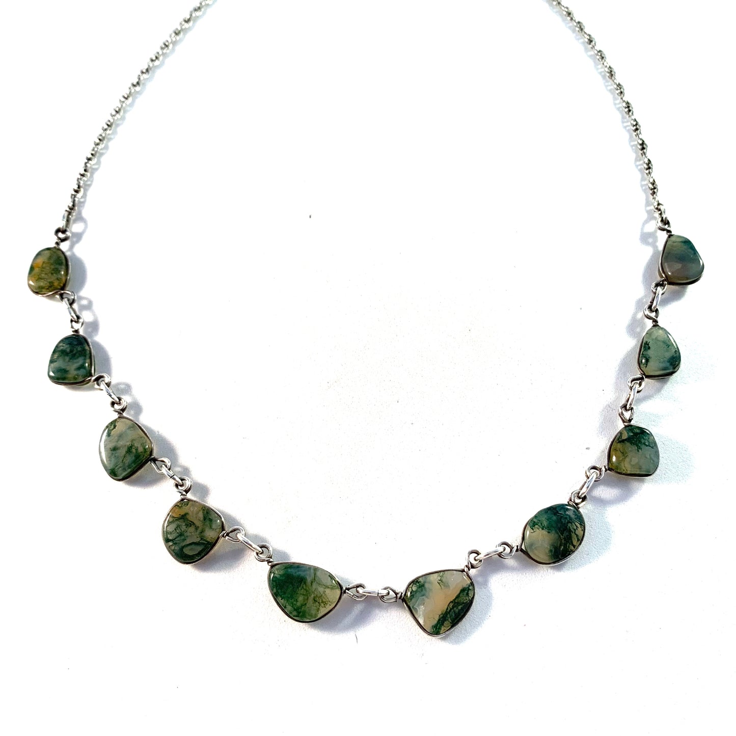 Stockholm, Sweden c 1970s Sterling Silver Moss Agate Necklace.