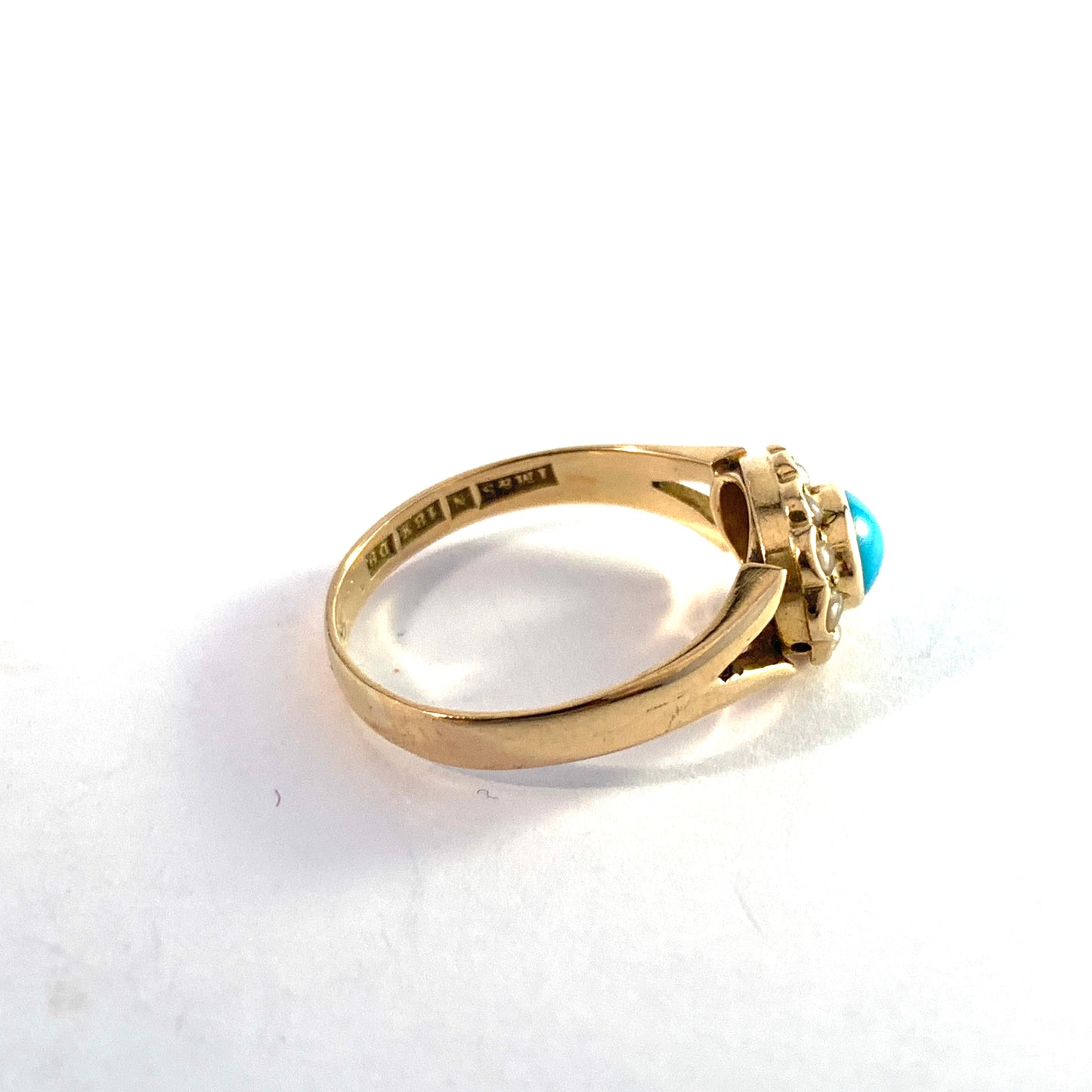 Isak Mobeck & Sons, Sweden 1954. Vintage Mid Century 18k Gold Turquoise Seed Pearl Ring.
