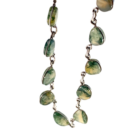 Stockholm, Sweden c 1970s Sterling Silver Moss Agate Necklace.