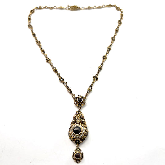 Austria-Hungary early 1900s. Antique Arts and Crafts Gilt 830 Silver Garnet Seed Pearl Enamel Necklace
