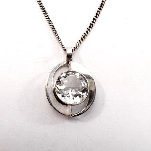 Salovaara, Finland 1970s, Modernist Solid Silver Rock Crystal Pendant Necklace