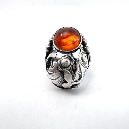 Niels Erik From, Denmark 1940-50s Sterling Silver Amber Fish Ring.