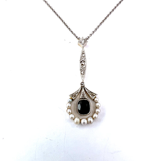 Sweden. Antique early 1900s. 18k Gold, Silver, Sapphire, Diamond Pearl Pendant Necklace.