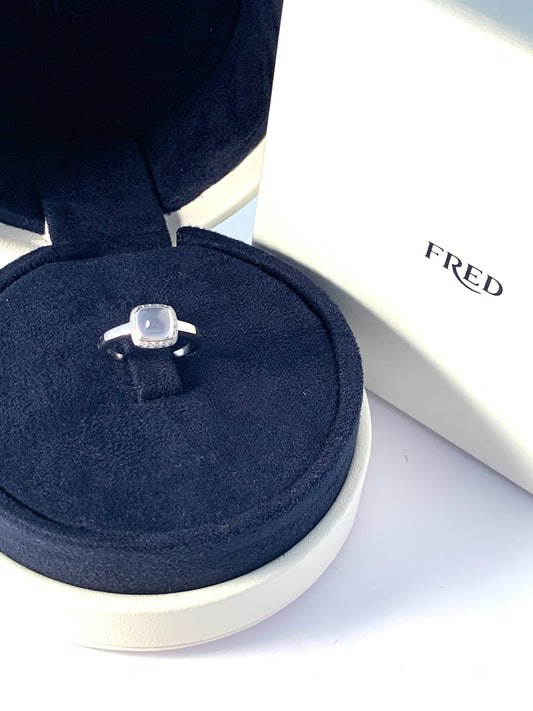 FRED, Paris. 18k Gold Diamond Chalcedony Ring. Boxed. Design: Pain De Sucre