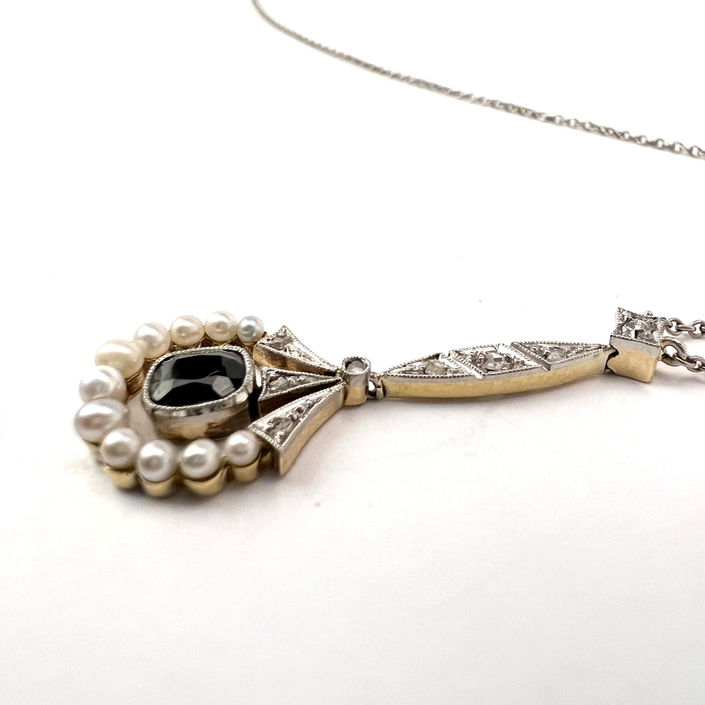 Sweden. Antique early 1900s. 18k Gold, Silver, Sapphire, Diamond Pearl Pendant Necklace.