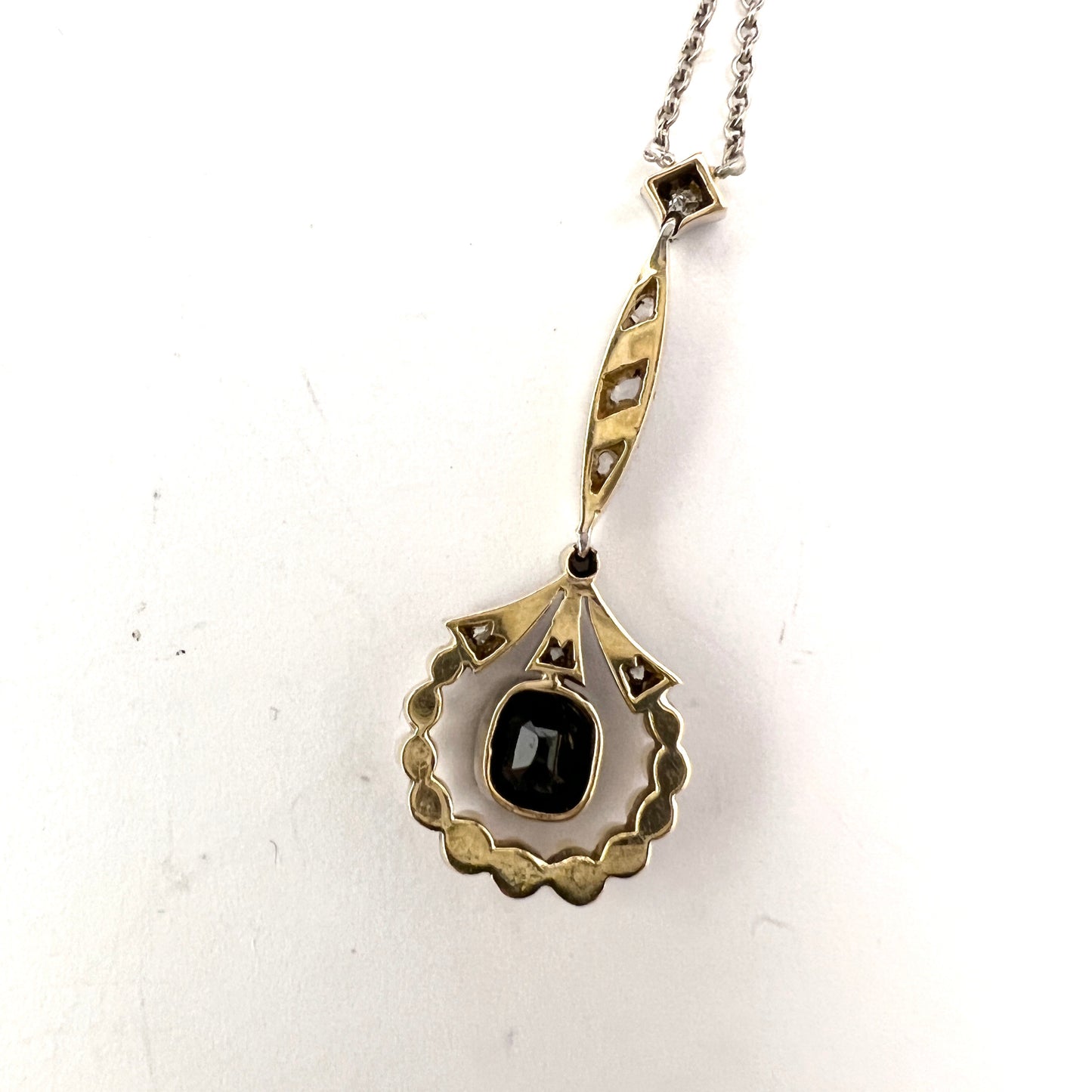 Sweden. Antique early 1900s. 18k Gold, Silver, Sapphire, Diamond Pearl Pendant Necklace.