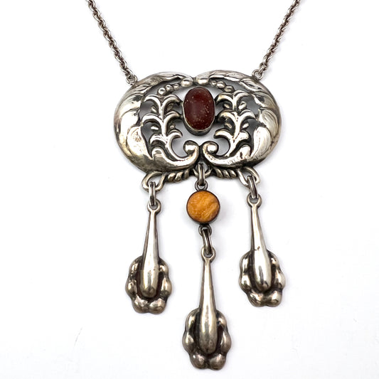 Bernhard Herz, Denmark 1910s Antique Art Nouveau Solid 826 Silver Amber Large Pendant Necklace.