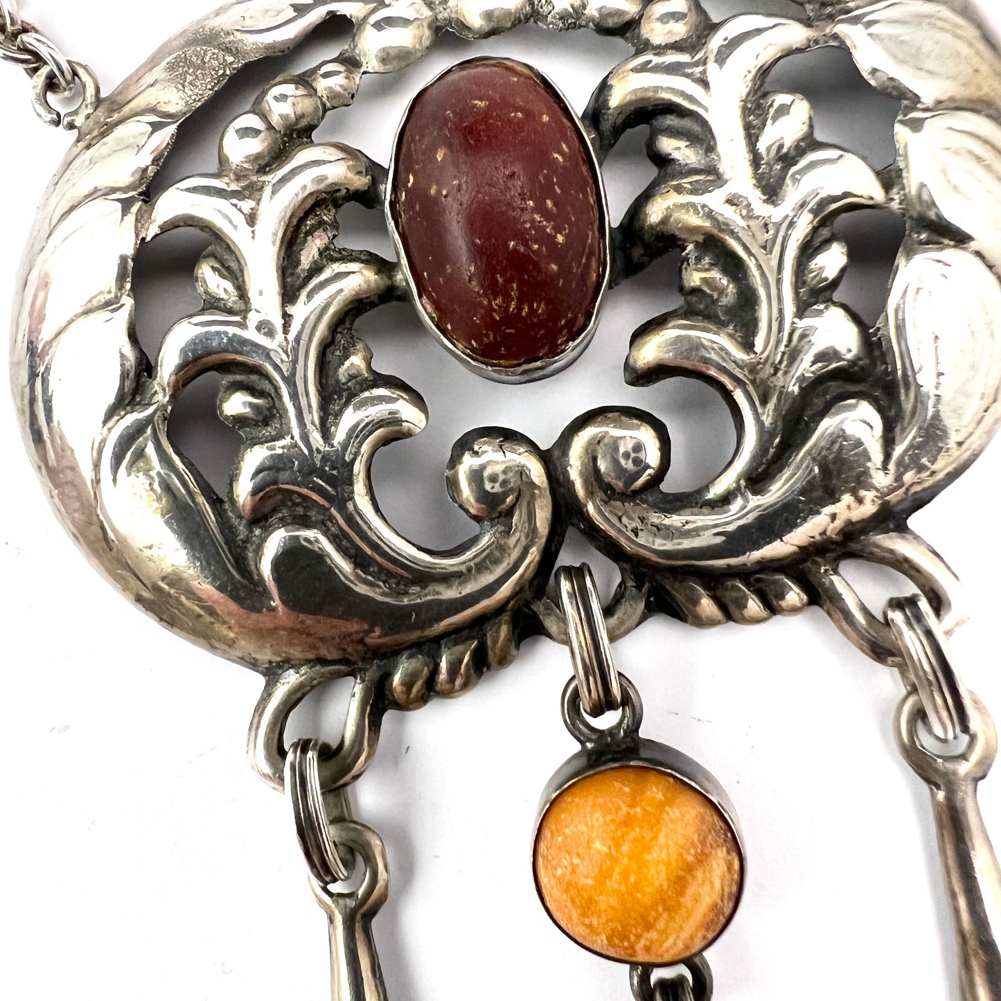 Bernhard Herz, Denmark 1910s Antique Art Nouveau Solid 826 Silver Amber Large Pendant Necklace.