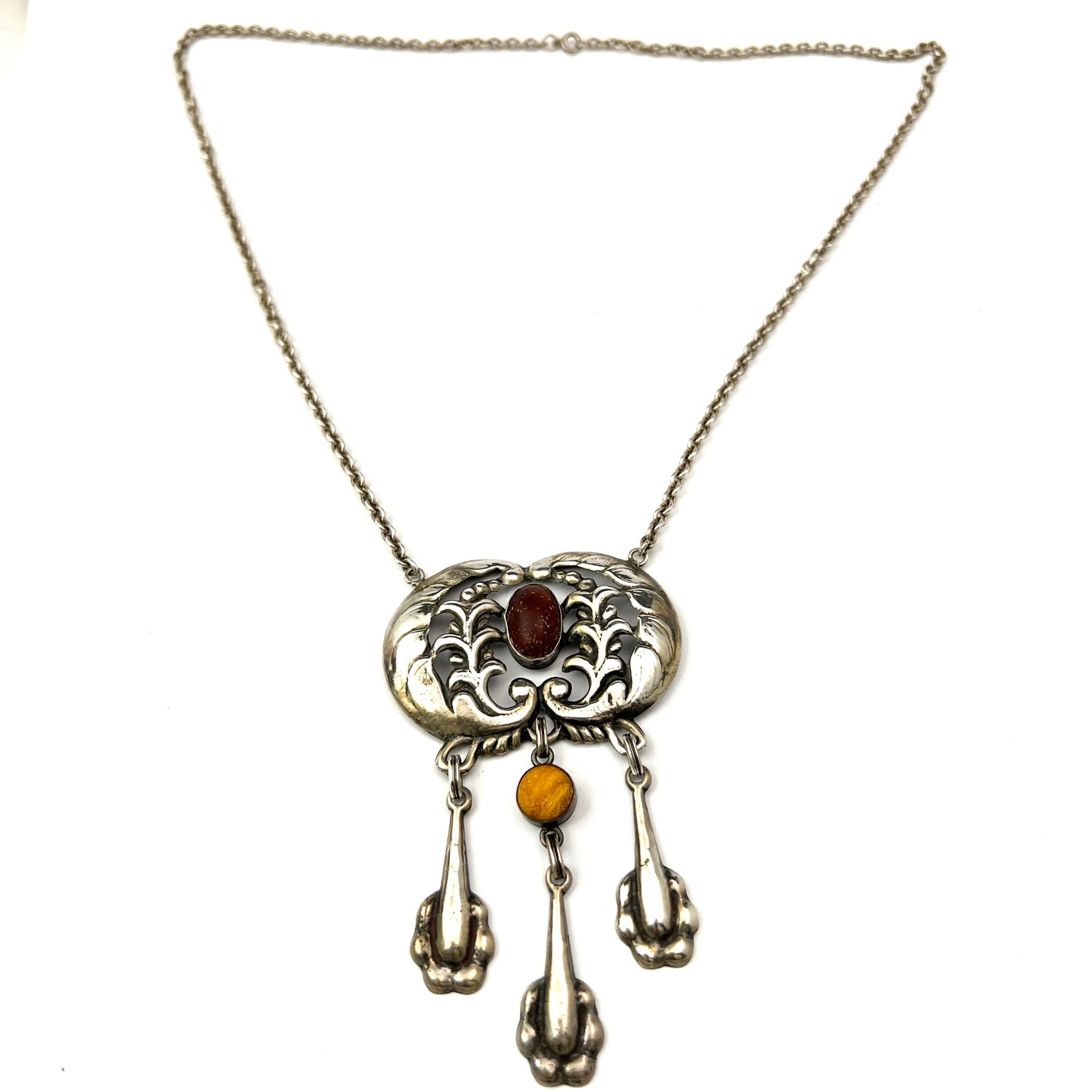 Bernhard Herz, Denmark 1910s Antique Art Nouveau Solid 826 Silver Amber Large Pendant Necklace.