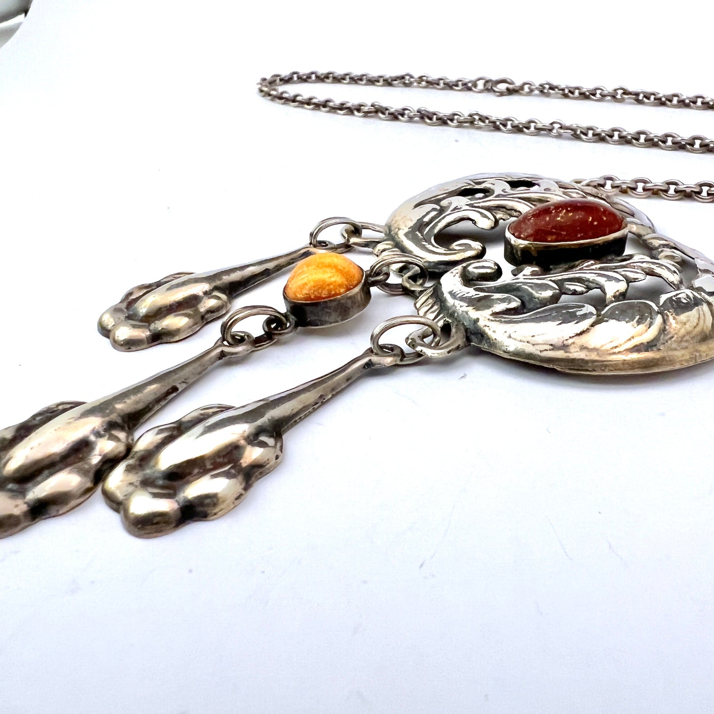 Bernhard Herz, Denmark 1910s Antique Art Nouveau Solid 826 Silver Amber Large Pendant Necklace.