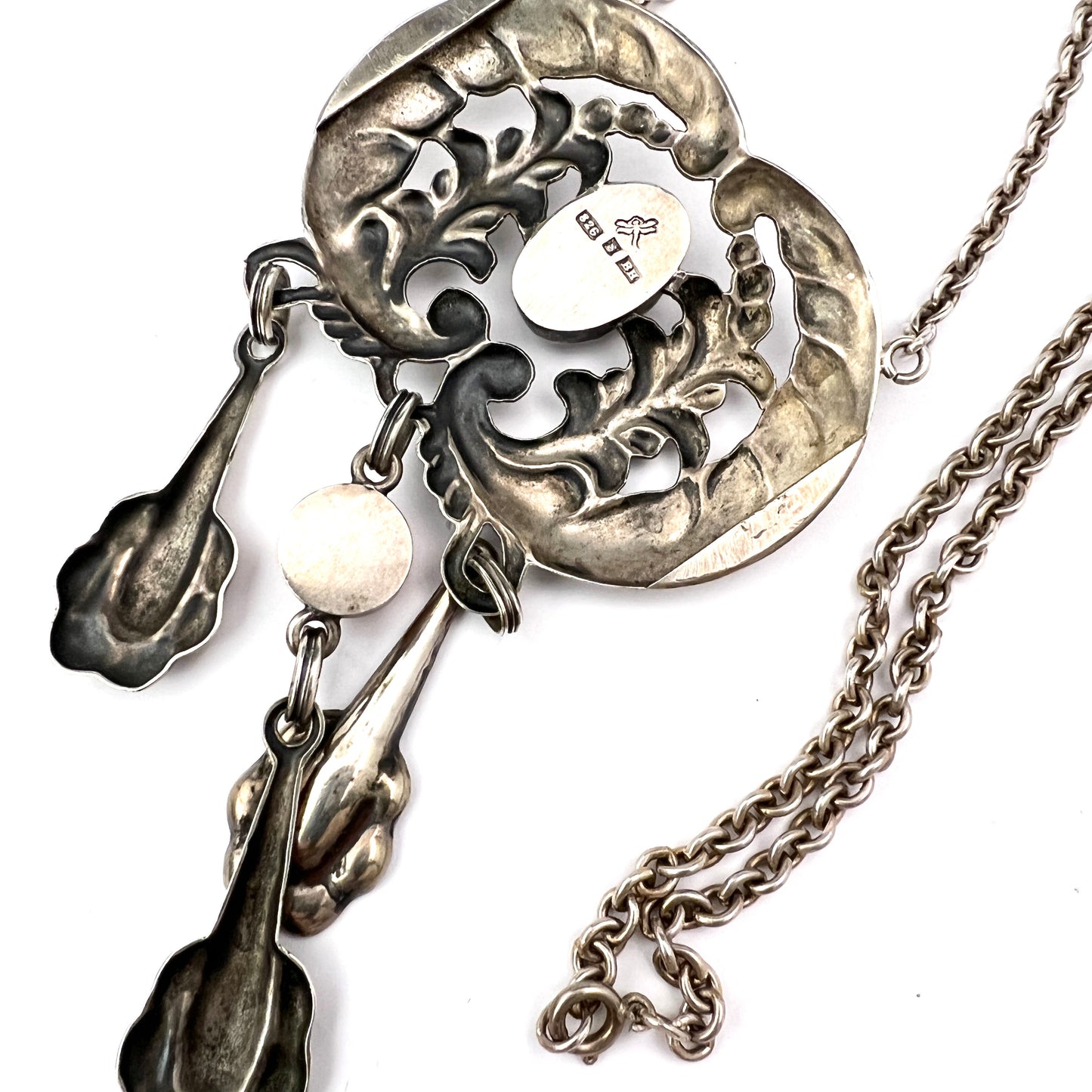 Bernhard Herz, Denmark 1910s Antique Art Nouveau Solid 826 Silver Amber Large Pendant Necklace.