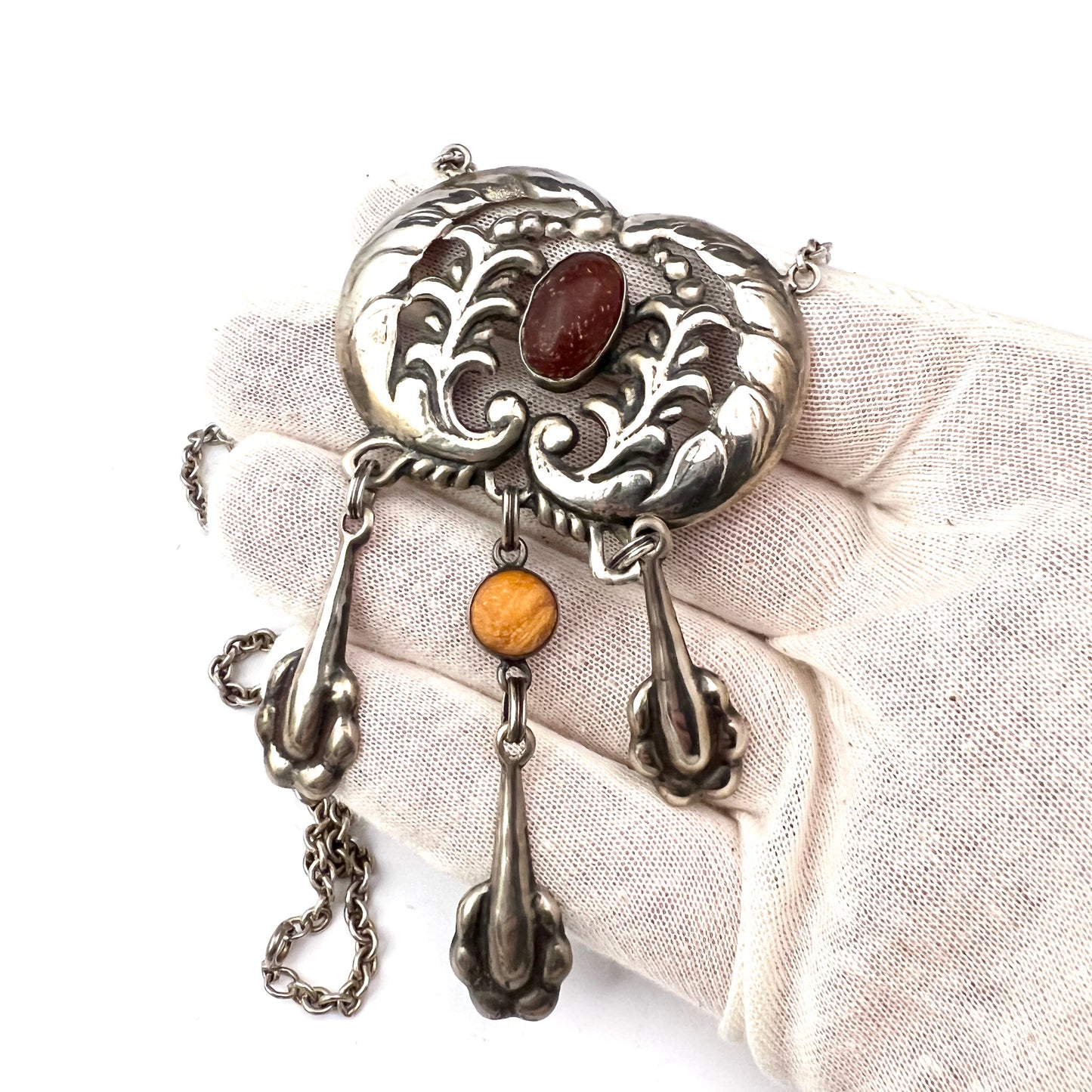 Bernhard Herz, Denmark 1910s Antique Art Nouveau Solid 826 Silver Amber Large Pendant Necklace.