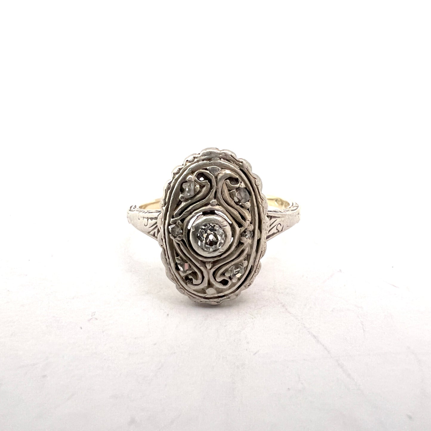 Pest, Austria-Hungary c year 1910. Antique Edwardian 14k Gold Silver Diamond Ring.