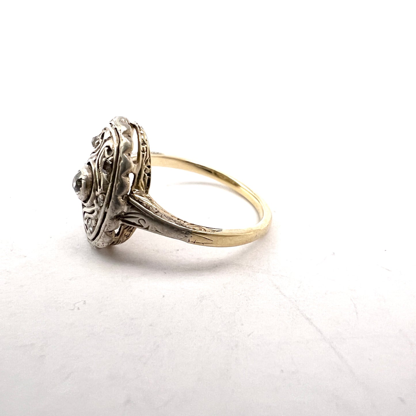 Pest, Austria-Hungary c year 1910. Antique Edwardian 14k Gold Silver Diamond Ring.