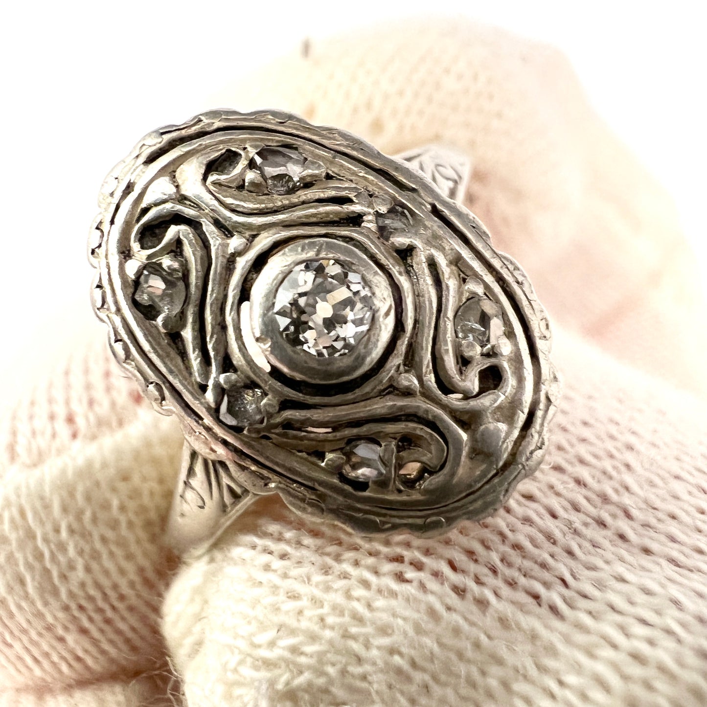 Pest, Austria-Hungary c year 1910. Antique Edwardian 14k Gold Silver Diamond Ring.