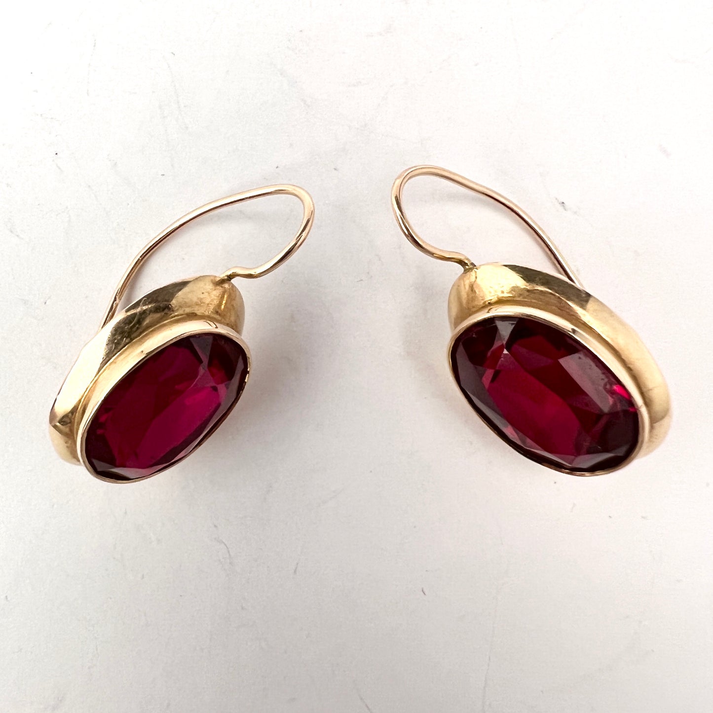 Soviet USSR c 1960-70s. Large Vintage 14k Gold Synthetic Ruby Pair of Earrings.