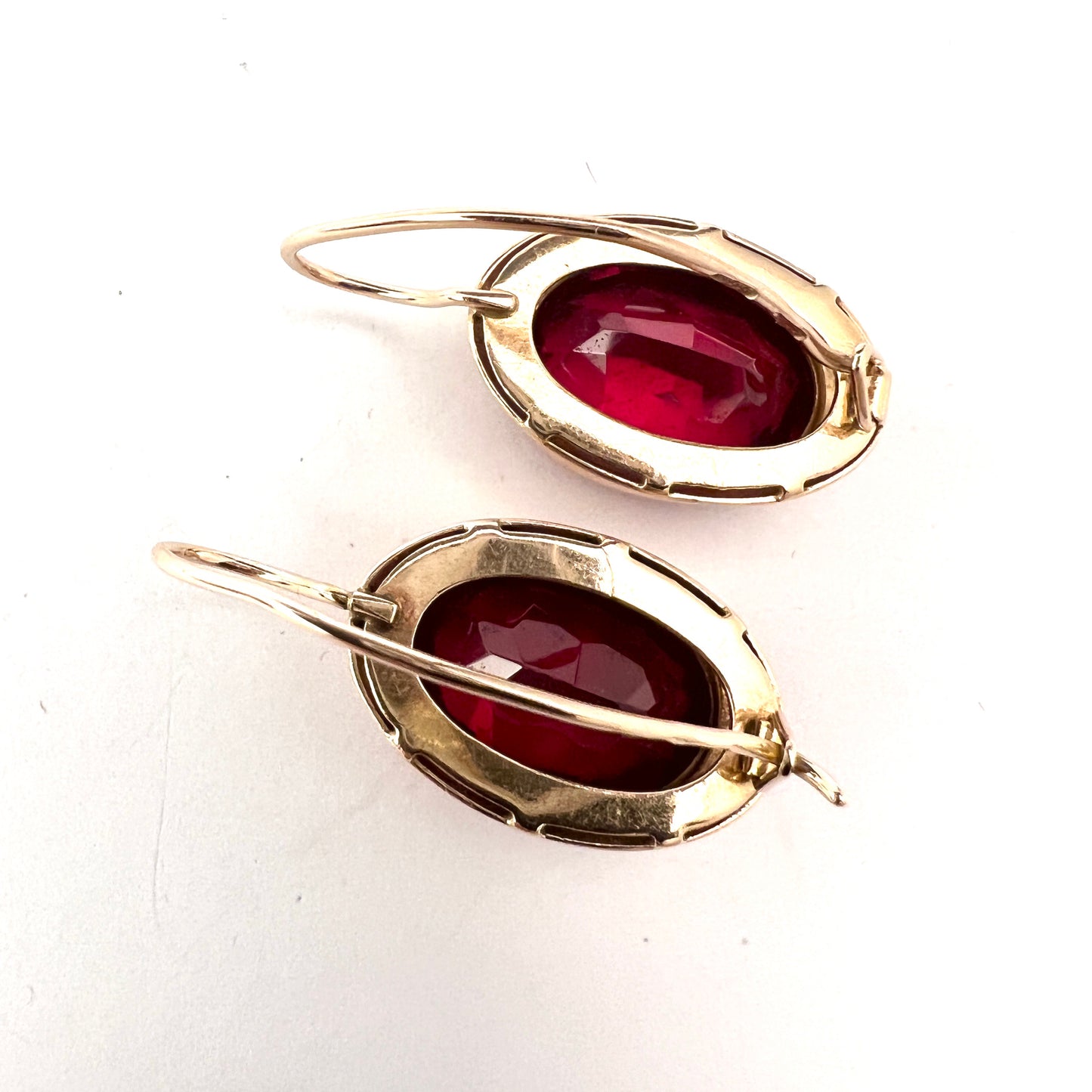 Soviet USSR c 1960-70s. Large Vintage 14k Gold Synthetic Ruby Pair of Earrings.