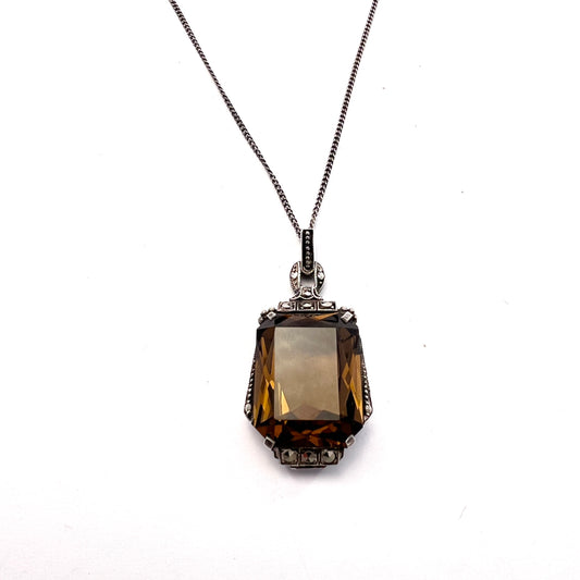 Sweden 1930-40s, Vintage Art Deco Solid Silver Marcasite Smoky Quartz Pendant Necklace.
