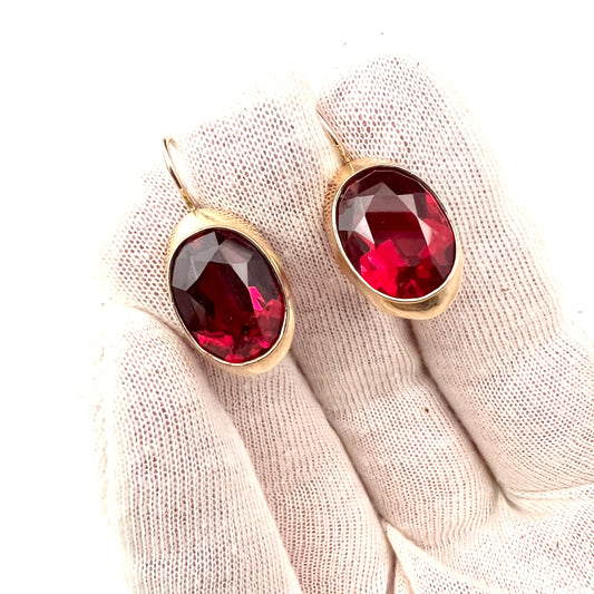 Soviet USSR c 1960-70s. Large Vintage 14k Gold Synthetic Ruby Pair of Earrings.