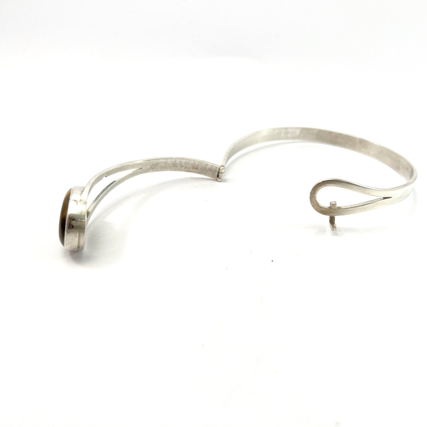 Victor Janson Sweden 1966. Vintage Sterling Silver Tiger's Eye Hinged Bangle Bracelet.