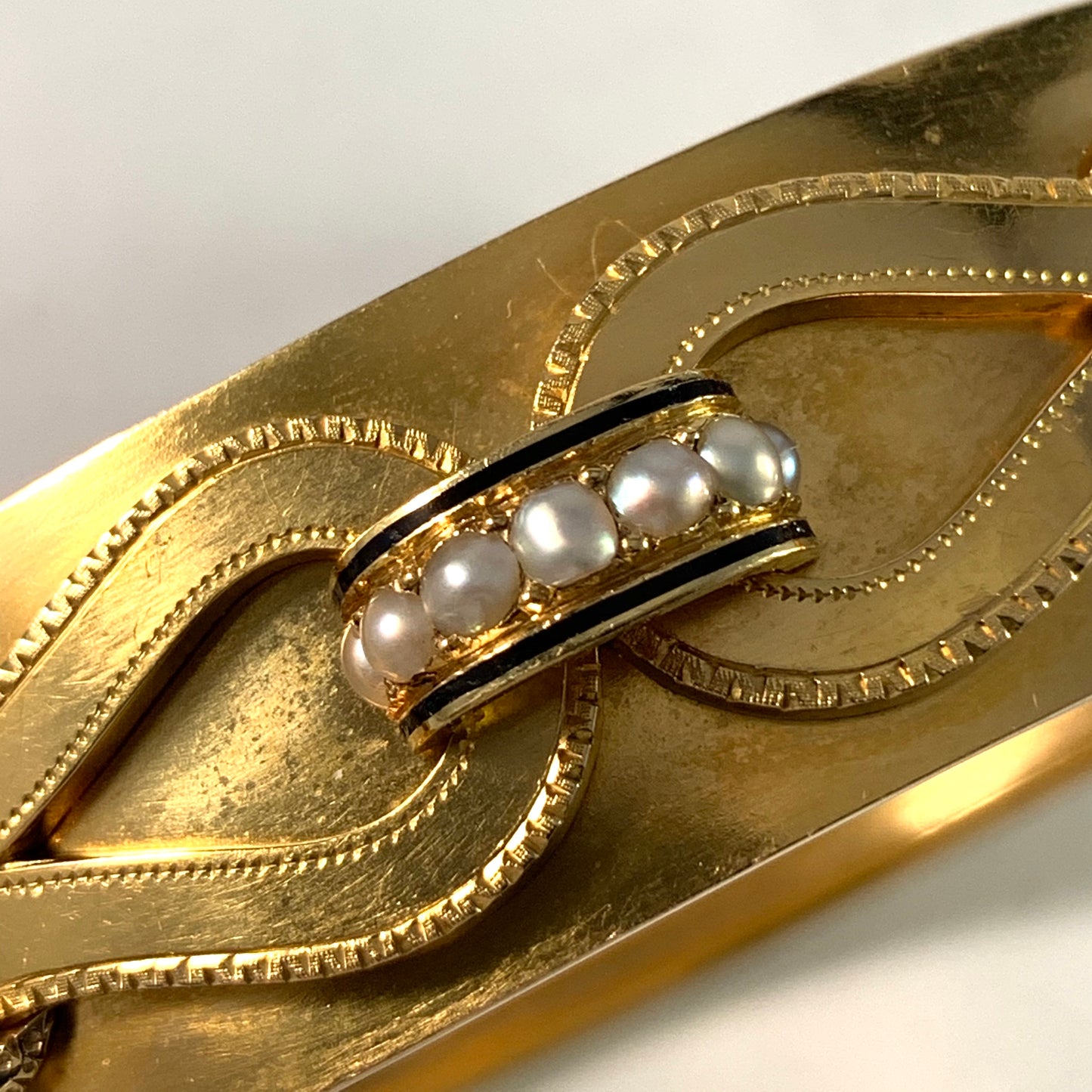 LL&Co, Sweden 1880s Victorian 18k Gold Enamel Seed Pearl Bracelet.