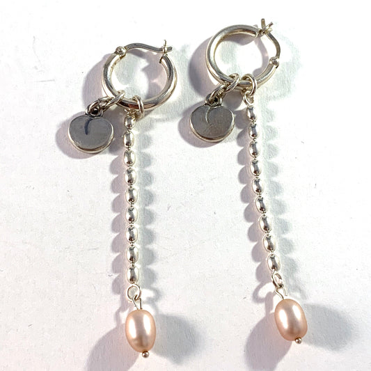 Kalevala Koru, Finland Vintage Sterling Silver Cultured Pink Pearl Earrings. Design: Twinflower