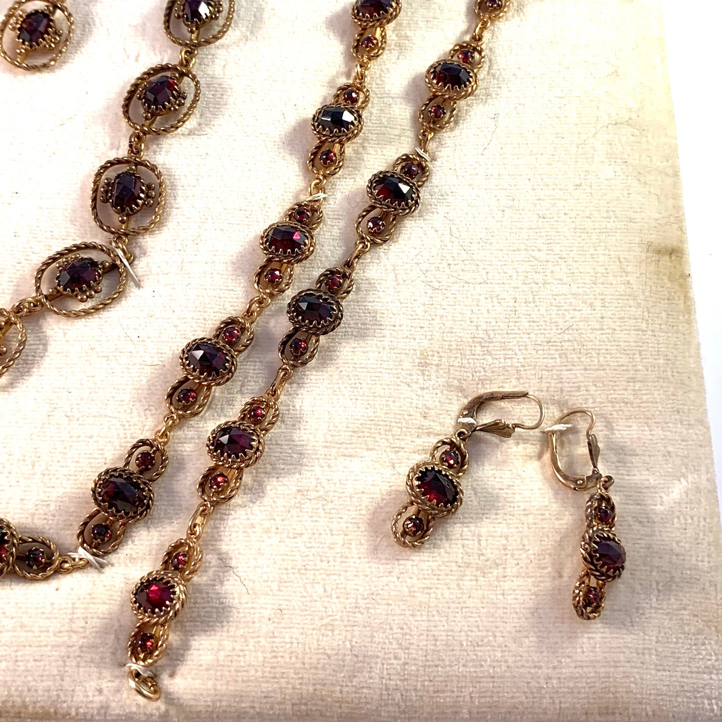 Extremely Rare Mid 1900s Full Display of Bohemian Garnet Jewelry.