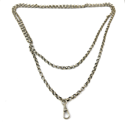 Antique Victorian 56 inch Longuard Chain Necklace w Dog Clip. Silver Plated.