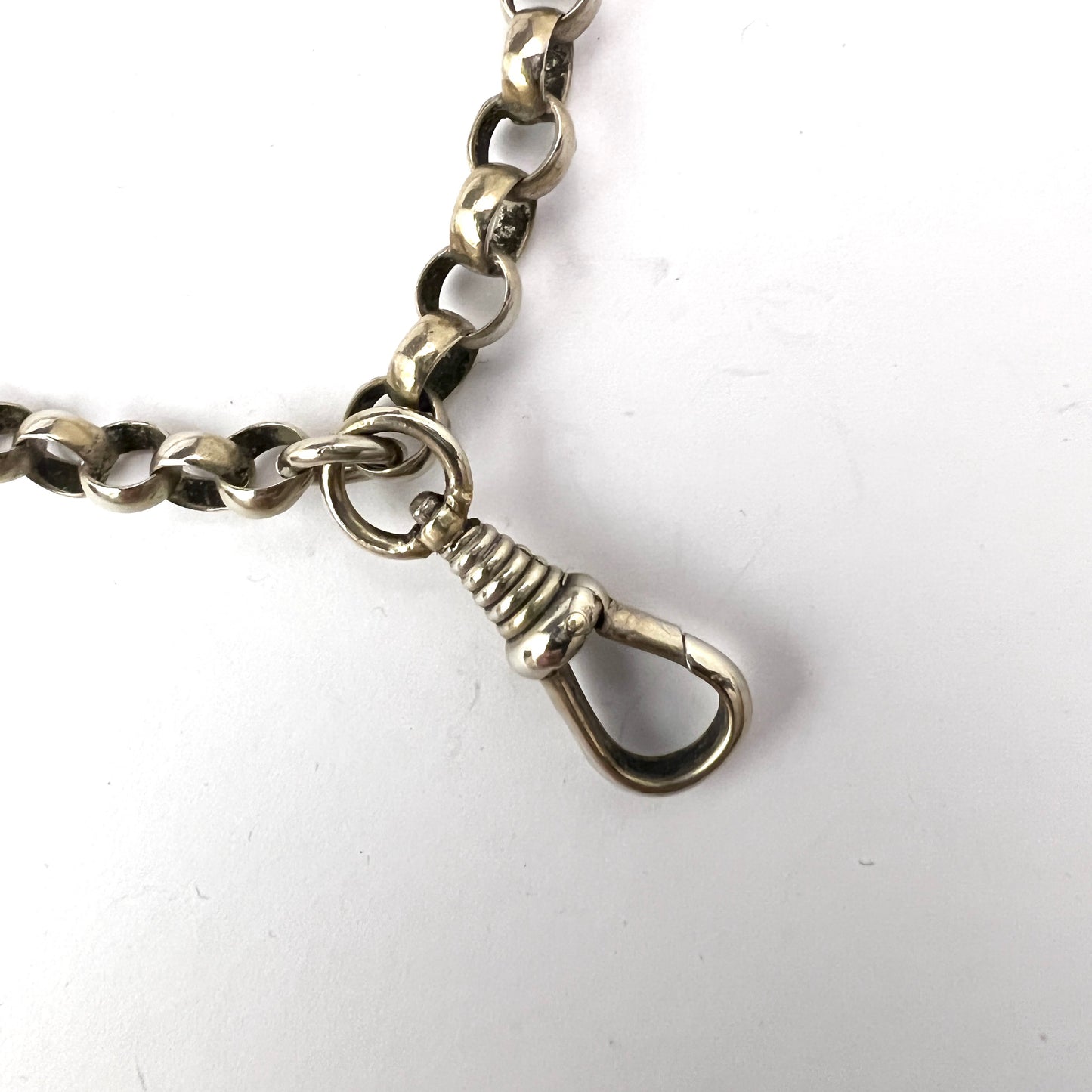 Antique Victorian 56 inch Longuard Chain Necklace w Dog Clip. Silver Plated.