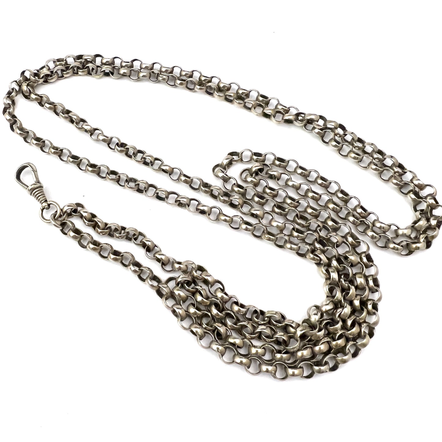 Antique Victorian 56 inch Longuard Chain Necklace w Dog Clip. Silver Plated.