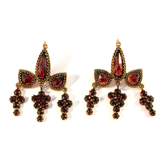 Antique early 1900s Bohemian Garnet Gold Gilt Chandelier Earrings.