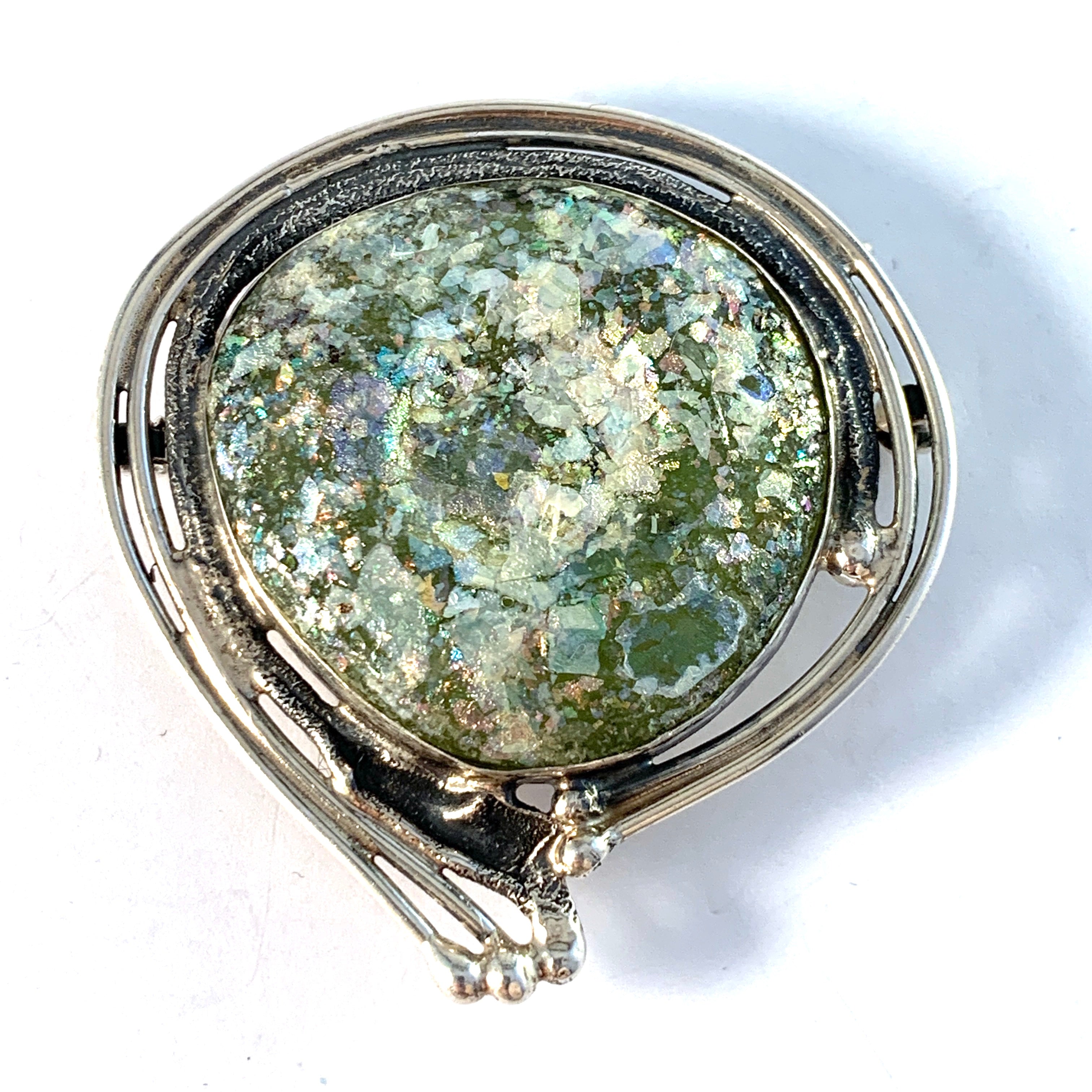 Avi Soffer, Israel Vintage Sterling Silver Antique Roman Glass Brooch Pendant.