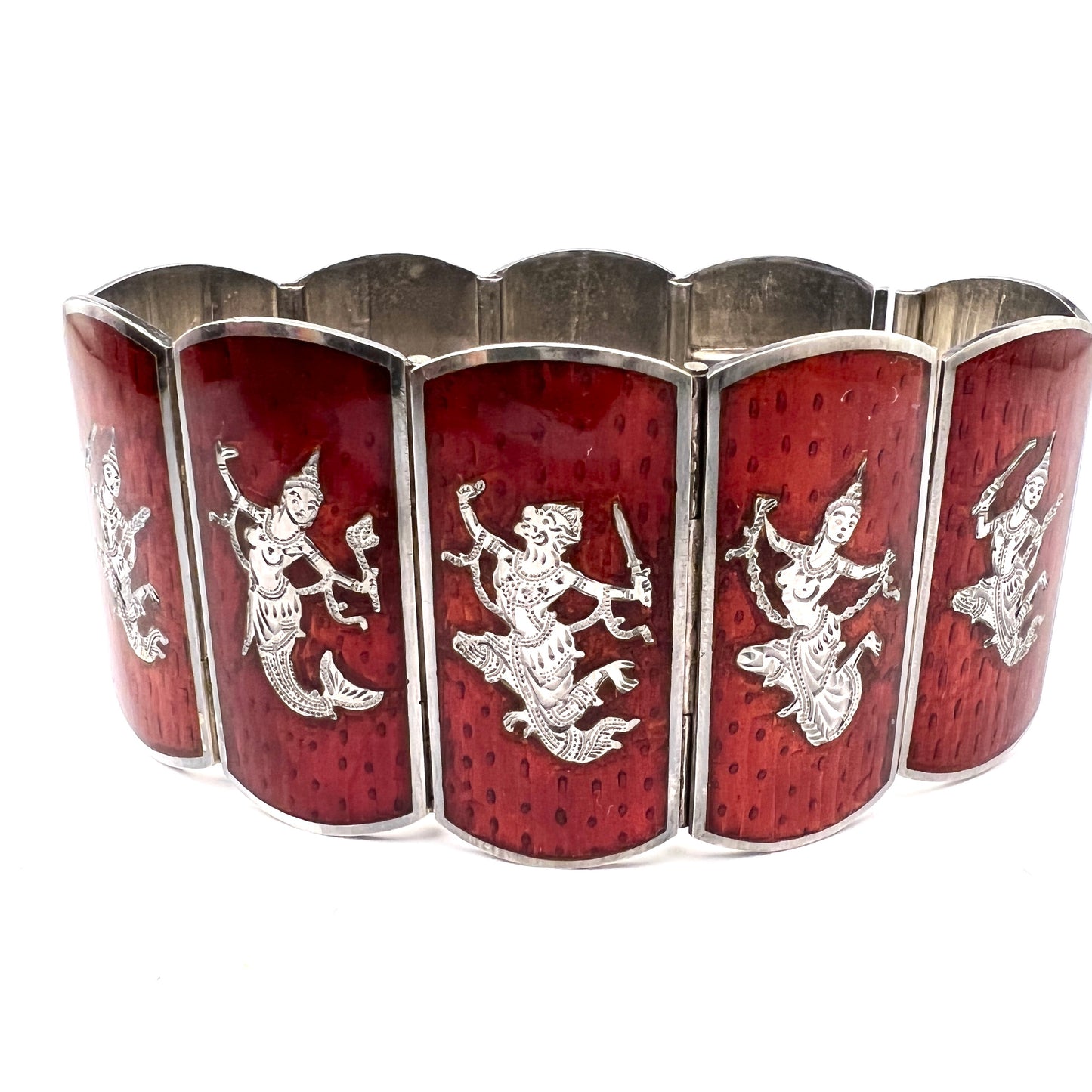 Siam (Thailand) Chunky 2.6oz Vintage Sterling Silver Red Enamel Bracelet.