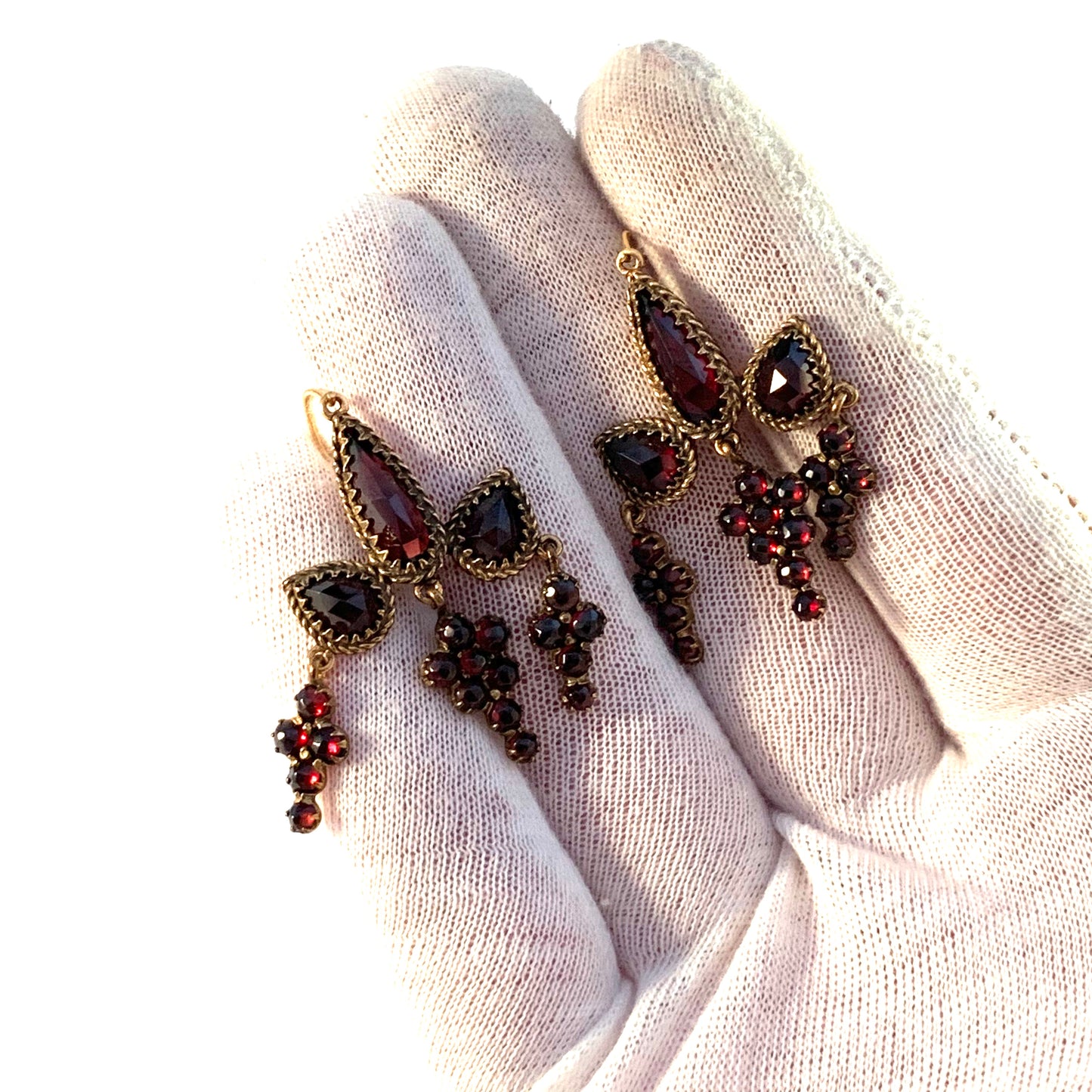 Antique early 1900s Bohemian Garnet Gold Gilt Chandelier Earrings.