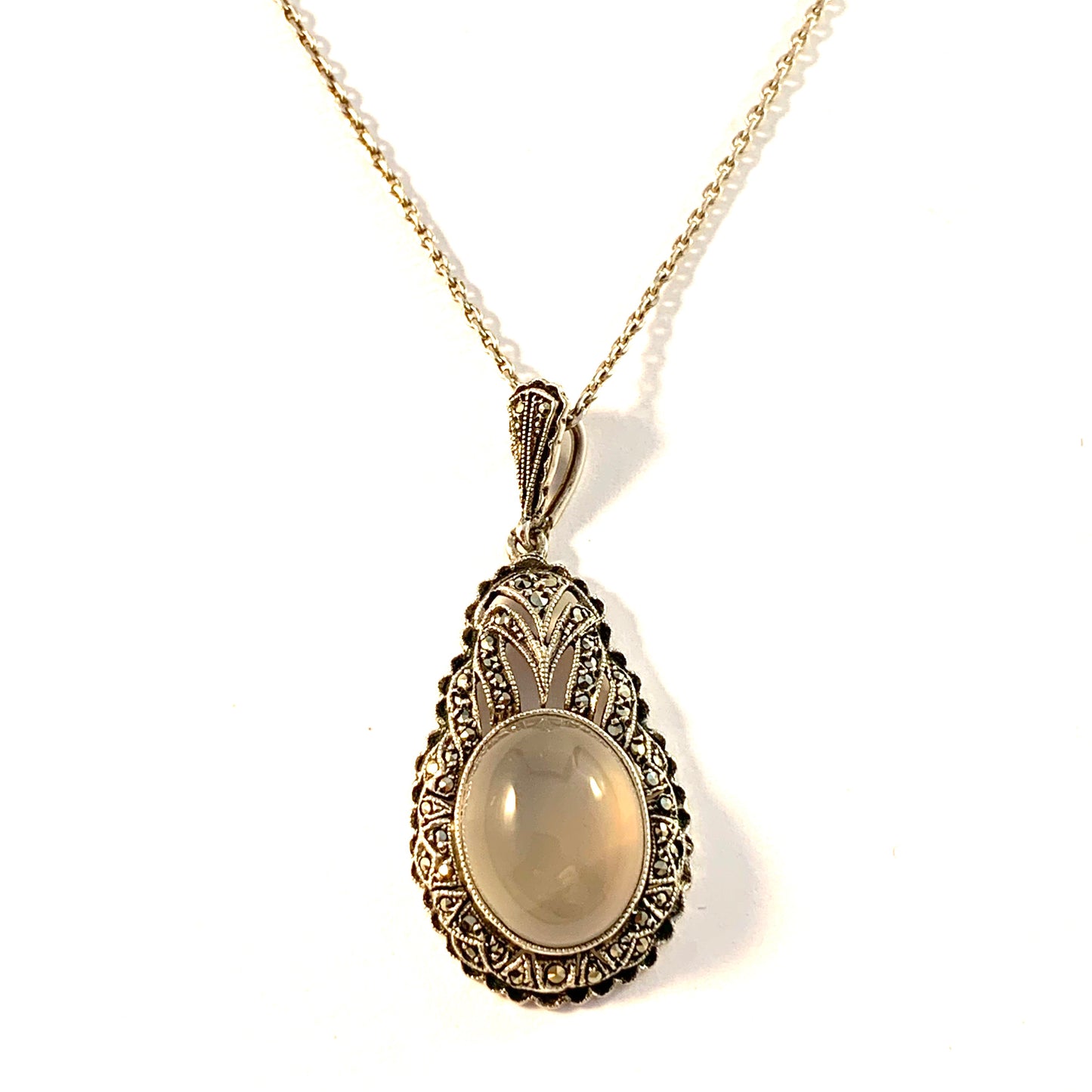 Mid Century Solid 835 Silver Moonstone Marcasite Pendant Necklace.