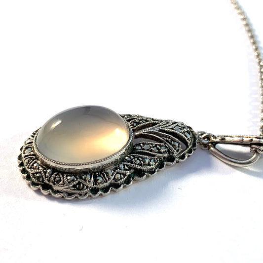 Mid Century Solid 835 Silver Moonstone Marcasite Pendant Necklace.